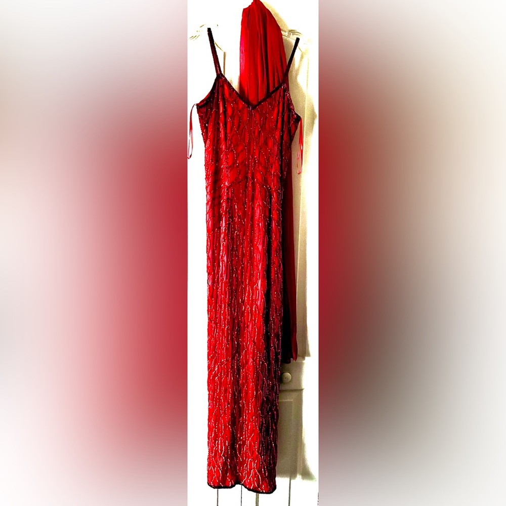 Red sequin dress with sheer scarf